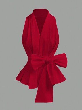 Red Elegant Women's Casual V-Neck Bowknot Tie Blouse